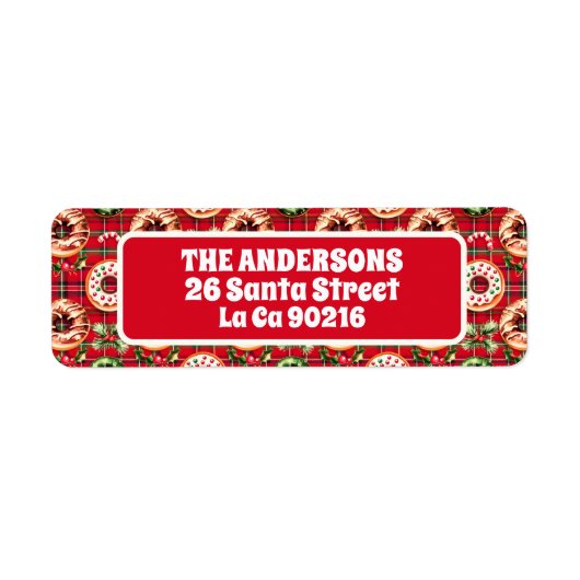 Rode Retro Kerst Donuts Rode Tartan Plaid Etiket (Voorkant)