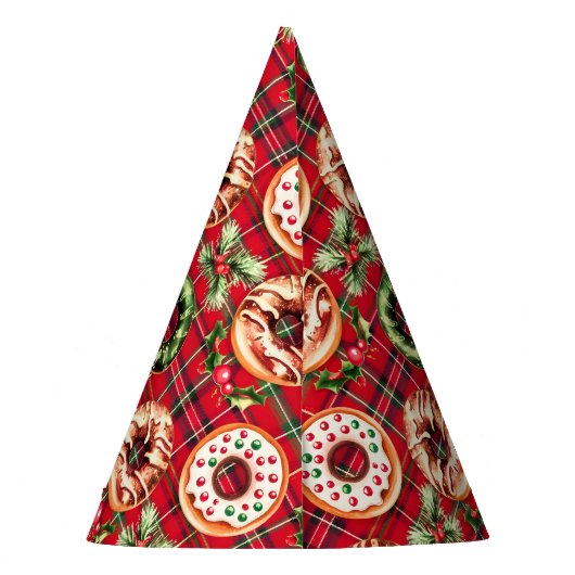 Rode Retro Kerst Donuts Rode Tartan Plaid Feesthoedjes (Achterkant)