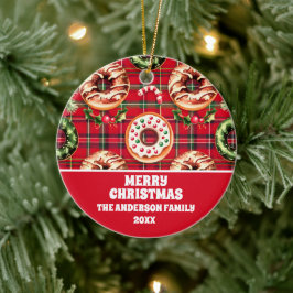 Rode Retro Kerst Donuts Rode Tartan Plaid Keramisch Ornament