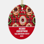 Rode Retro Kerst Donuts Rode Tartan Plaid Keramisch Ornament (Rechts)