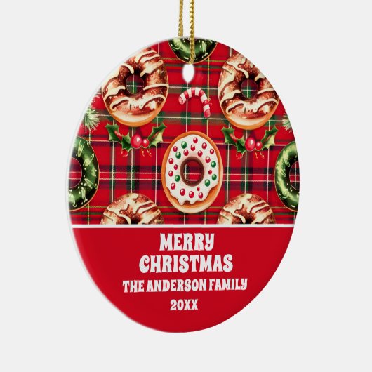Rode Retro Kerst Donuts Rode Tartan Plaid Keramisch Ornament (Rechts)