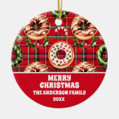 Rode Retro Kerst Donuts Rode Tartan Plaid Keramisch Ornament (Voorkant)