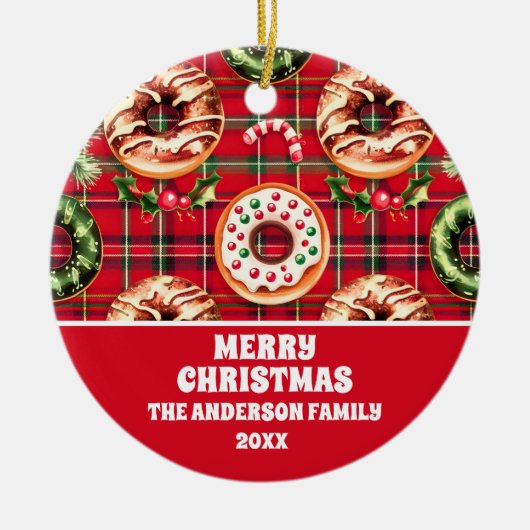 Rode Retro Kerst Donuts Rode Tartan Plaid Keramisch Ornament (Voorkant)