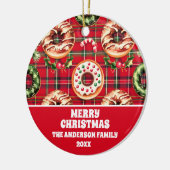 Rode Retro Kerst Donuts Rode Tartan Plaid Keramisch Ornament (Links)