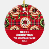 Rode Retro Kerst Donuts Rode Tartan Plaid Keramisch Ornament (Achterkant)