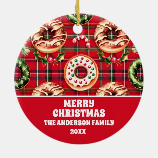Rode Retro Kerst Donuts Rode Tartan Plaid Keramisch Ornament (Achterkant)