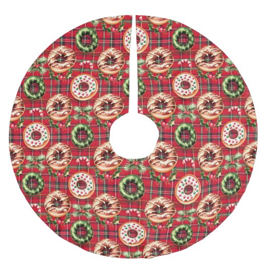 Rode Retro Kerst Donuts Rode Tartan Plaid Kerstboom Rok (Voorkant)