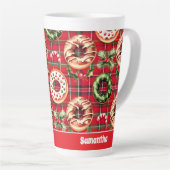 Rode Retro Kerst Donuts Rode Tartan Plaid Latte Mok (Rechterhoek)