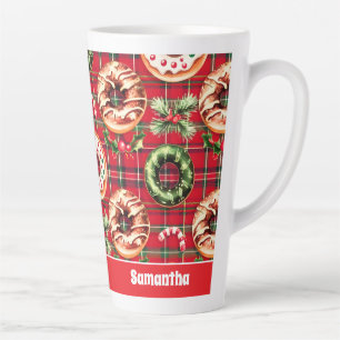 Rode Retro Kerst Donuts Rode Tartan Plaid Latte Mok