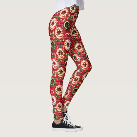 Rode Retro Kerst Donuts Rode Tartan Plaid Leggings (Rechts)