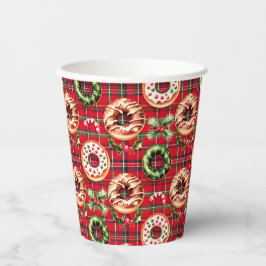 Rode Retro Kerst Donuts Rode Tartan Plaid Papieren Bekers