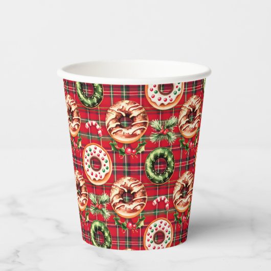 Rode Retro Kerst Donuts Rode Tartan Plaid Papieren Bekers (Voorkant)