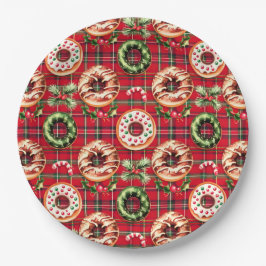 Rode Retro Kerst Donuts Rode Tartan Plaid Papieren Bordje