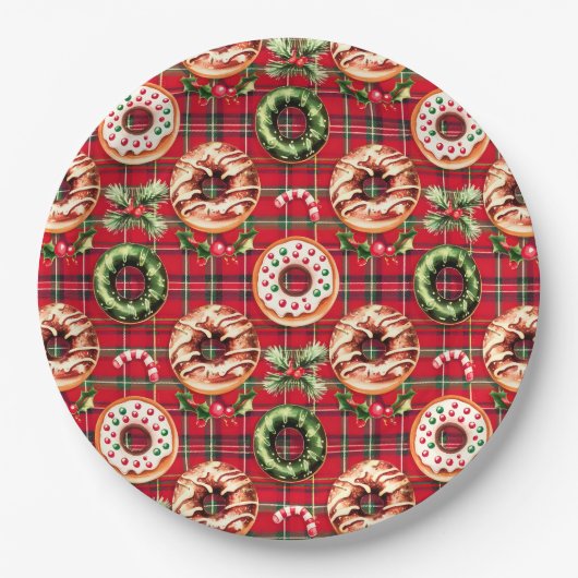 Rode Retro Kerst Donuts Rode Tartan Plaid Papieren Bordje (Voorkant)