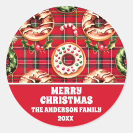 Rode Retro Kerst Donuts Rode Tartan Plaid Ronde Sticker