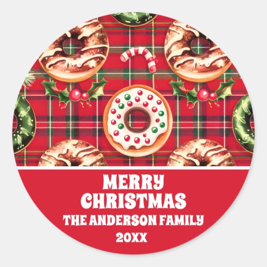 Rode Retro Kerst Donuts Rode Tartan Plaid Ronde Sticker (Voorkant)