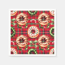 Rode Retro Kerst Donuts Rode Tartan Plaid Servet