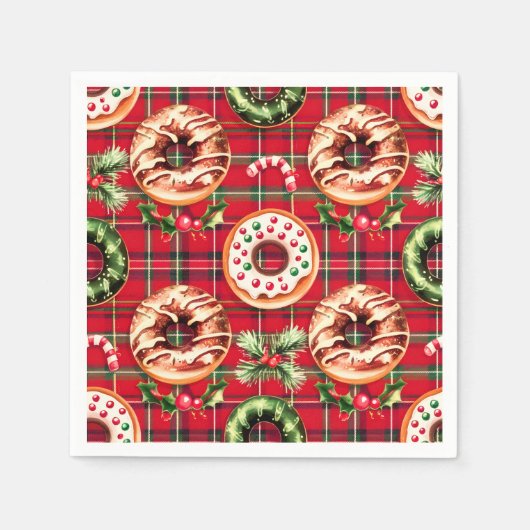 Rode Retro Kerst Donuts Rode Tartan Plaid Servet (Voorkant)