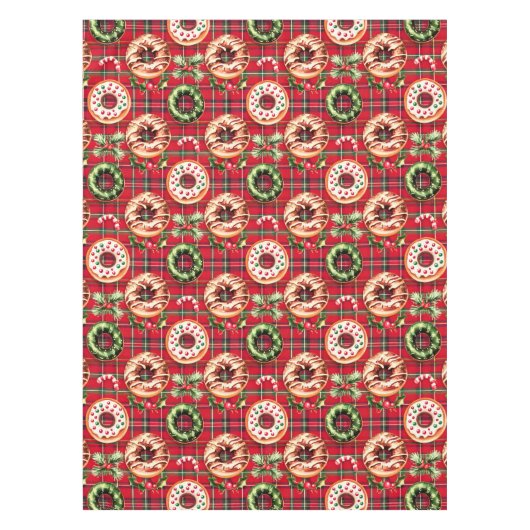 Rode Retro Kerst Donuts Rode Tartan Plaid Tafelkleed (Voorkant)