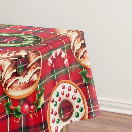 Rode Retro Kerst Donuts Rode Tartan Plaid Tafelkleed (Voorbeeld)