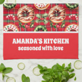 Rode Retro Kerst Donuts Rode Tartan Plaid Theedoek (Gevouwen)