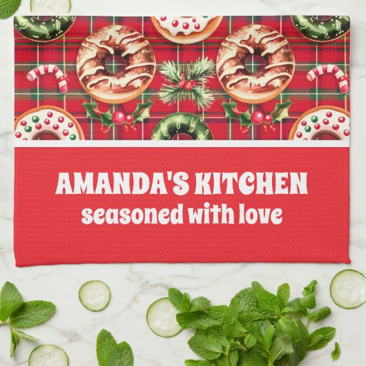 Rode Retro Kerst Donuts Rode Tartan Plaid Theedoek (Gevouwen)