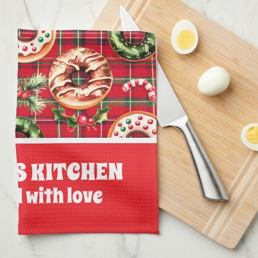 Rode Retro Kerst Donuts Rode Tartan Plaid Theedoek (Quarter Fold)