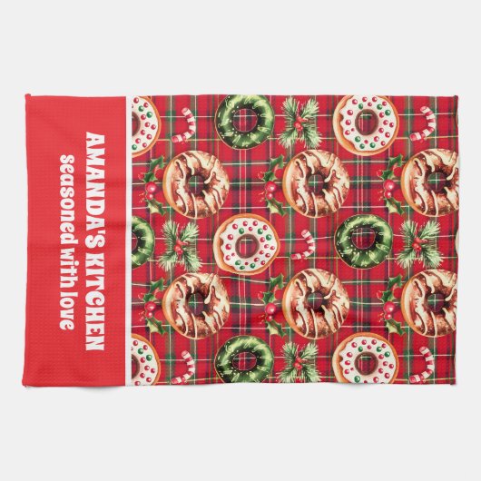 Rode Retro Kerst Donuts Rode Tartan Plaid Theedoek (Horizontaal)