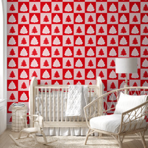 Rode Retro Kerstboom Rode Tartan Plaid Behang