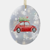 Rode Retro Kever met Kerstboom, Lichten, Keramisch Ornament (Rechts)