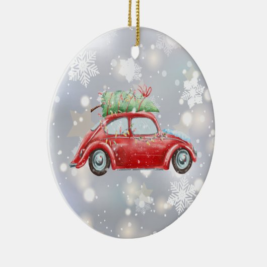 Rode Retro Kever met Kerstboom, Lichten, Keramisch Ornament (Rechts)