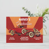 Rode retro klassieke auto afstuderen kaart (Staand voorkant)