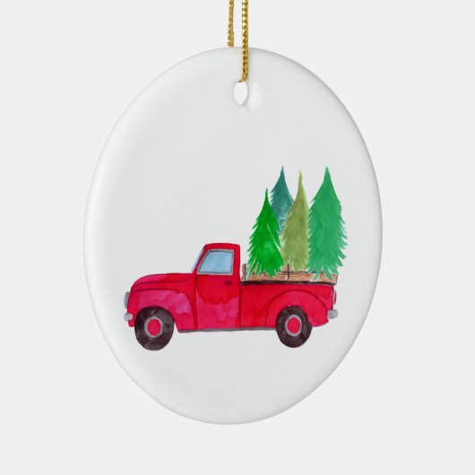 Rode retro pick-uptruck met bomen keramisch ornament (Rechts)