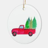 Rode retro pick-uptruck met bomen keramisch ornament (Links)