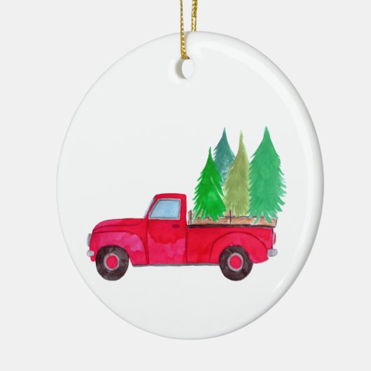 Rode retro pick-uptruck met bomen keramisch ornament (Links)
