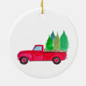 Rode retro pick-uptruck met bomen keramisch ornament (Achterkant)