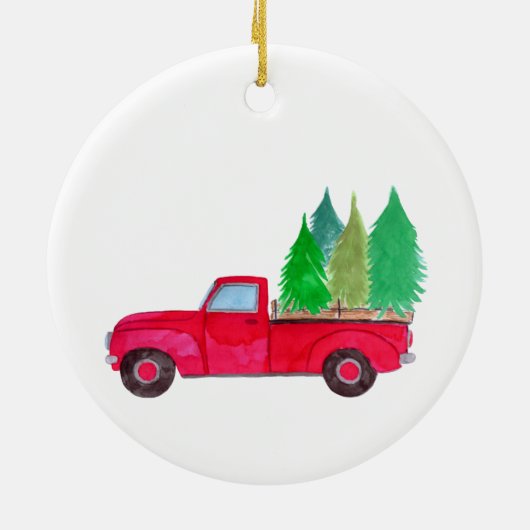 Rode retro pick-uptruck met bomen keramisch ornament (Achterkant)