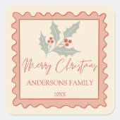 Rode retro postzegel lijst vrolijk kerstfeest vierkante sticker (Voorkant)