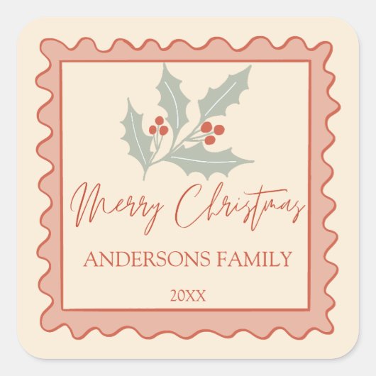 Rode retro postzegel lijst vrolijk kerstfeest vierkante sticker (Voorkant)