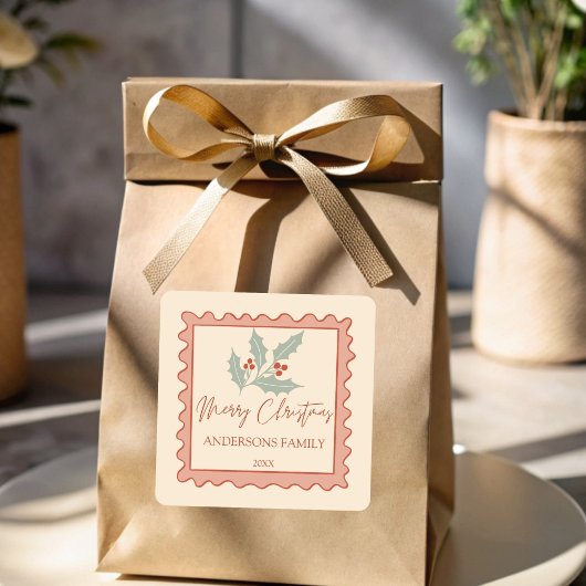 Rode retro postzegel lijst vrolijk kerstfeest vierkante sticker