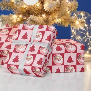 Rode Retro Santa Claus Kerstboom Tartan Plaid Cadeaupapier