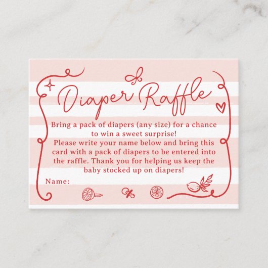 Rode Retro Schattigee Luier Raffle Citroenen Baby  Informatiekaartje (Voorkant)