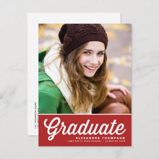 Rode Retro Script Klasse van 2025 Foto Afstuderen Aankondigingskaart (Voorkant / Achterkant)