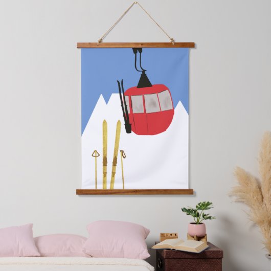 Rode Retro Ski Lift Berg Hangend Wandkleed (Slaapkamer)