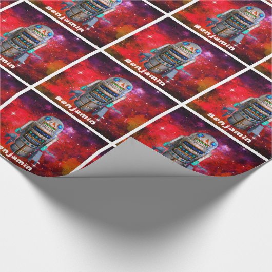 Rode retro speelgoed robot Sci Fi galaxy cool aang Cadeaupapier (Hoek)