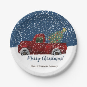 Rode Retro Truck en Kerstboom Papier Papieren Bordje