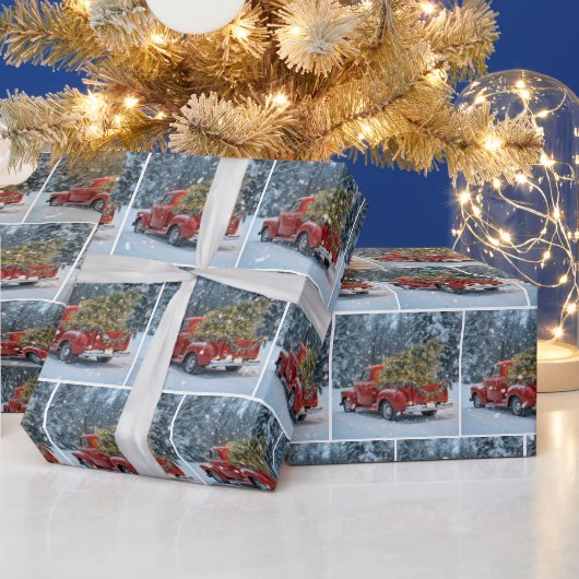 Rode retro truck met kerstboom in sneeuwvlokken cadeaupapier (Feestdagen)