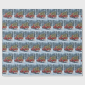 Rode retro truck met kerstboom in sneeuwvlokken cadeaupapier (Vlak)