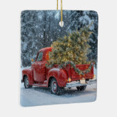 Rode retro truck met kerstboom in sneeuwvlokken keramisch ornament (Rechts)