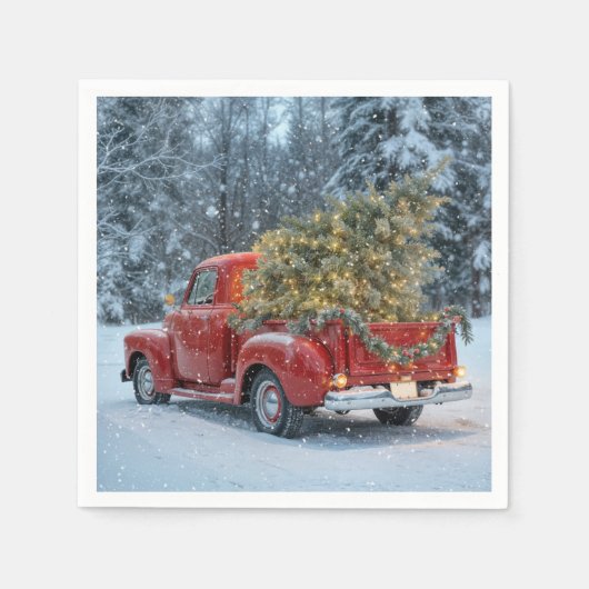 Rode retro truck met kerstboom in sneeuwvlokken servet (Voorkant)